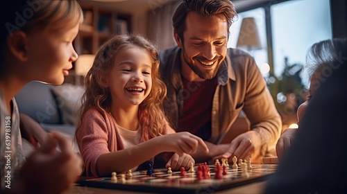 Cheerful family playing board games at home Find happiness and harmony in free time at living room. Generative Ai