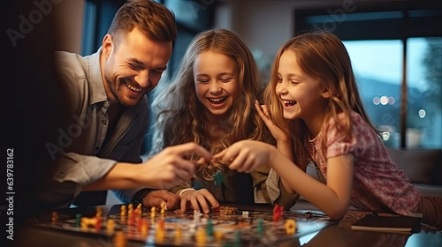 Stampa su tela Cheerful family playing board games at home Find happiness and harmony in free time at living room
