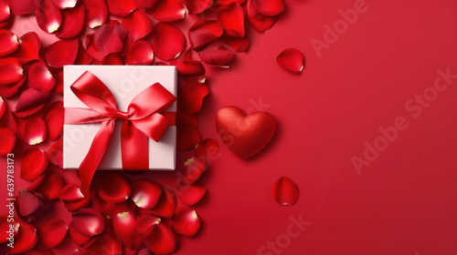 Valentine's Day red background with red petals rose with gift box top view lay flat.