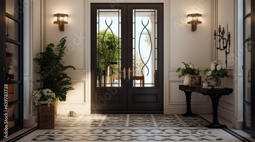 Mediterranean interior design of modern entrance hall with grid door