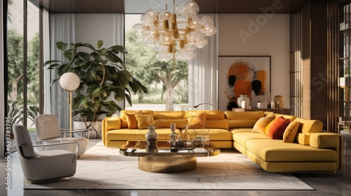 Mid-century interior design of modern living room with golden chandelier.