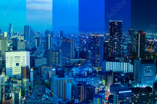 A sliced photography of cityscape by high angle view near the office buildings in