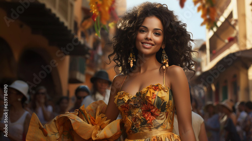 Beautiful girl in a carnival dress on a city street.