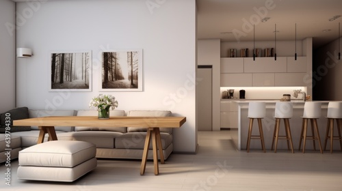 Minimalist studio apartment. Interior design of modern living room with dining table and stools