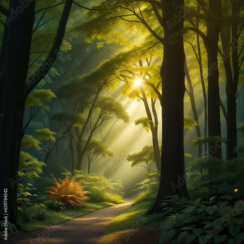 Forest in the morning in a fog in the sun, trees in a haze of light, glowing fog among the trees, 3D rendering