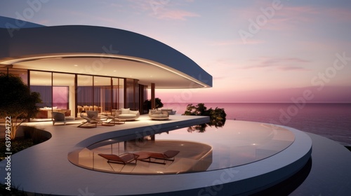 Modern minimalist round and curved shaped luxury house. Villa with terrace on sea shore at sunset. © Interior Design