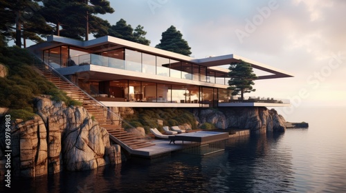 Modern villa on a cliff. Mansion with terrace and balcony