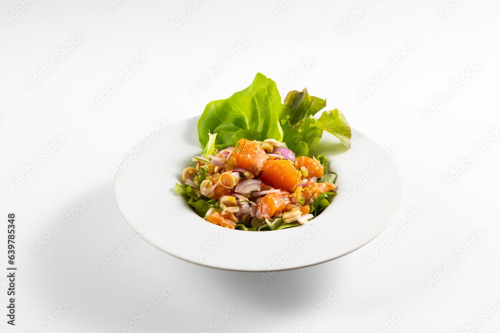 japan traditional food salmon salad. Japanese food isolated on white background japan traditional food salmon salad. Japanese food isolated on white background