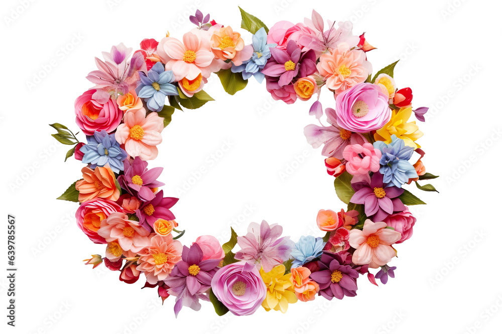 Spring Floral wreath on a white background centered in the frame, bright colors isolated PNG