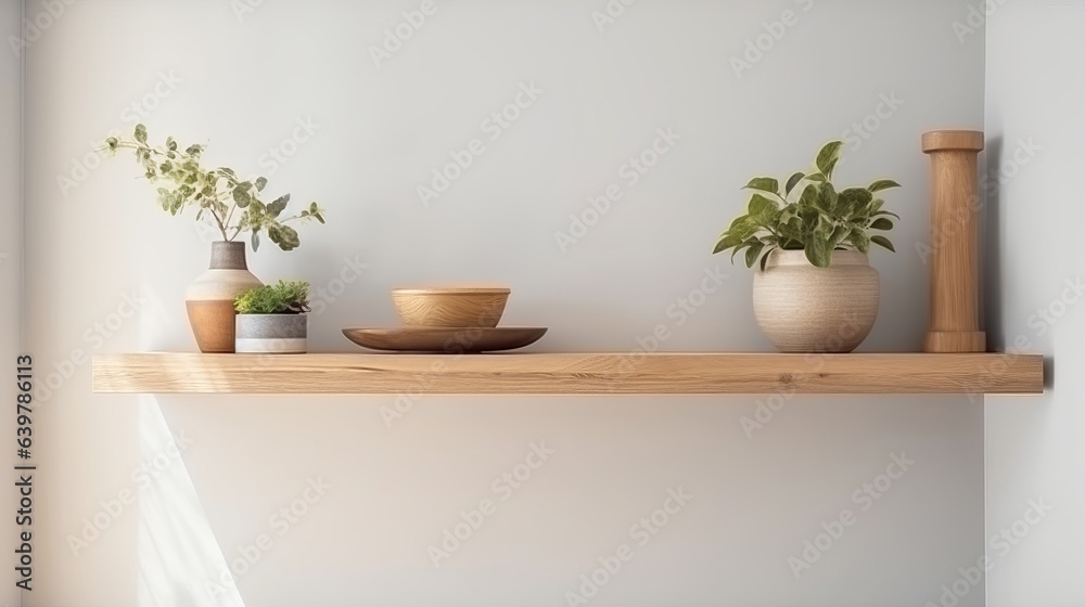 Wood floating shelf on white wall. Storage organisation for home. Interior design of modern living room. Created with Generative AI technology. Wood floating shelf on white wall. Storage organisation for home. Interior design of modern living room. Created with Generative AI technology.