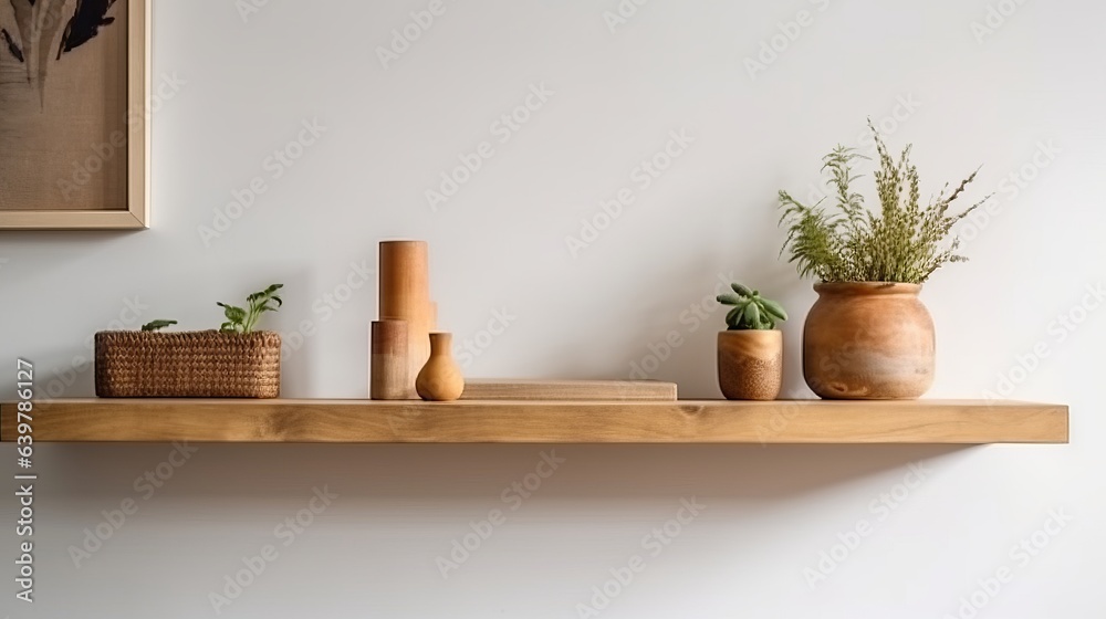 Wood floating shelf on white wall. Storage organisation for home. Interior design of modern living room. Created with Generative AI technology.