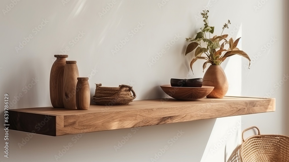 custom made wallpaper toronto digitalWood floating shelf on white wall. Storage organisation for home. Interior design of modern living room. Created with Generative AI technology.