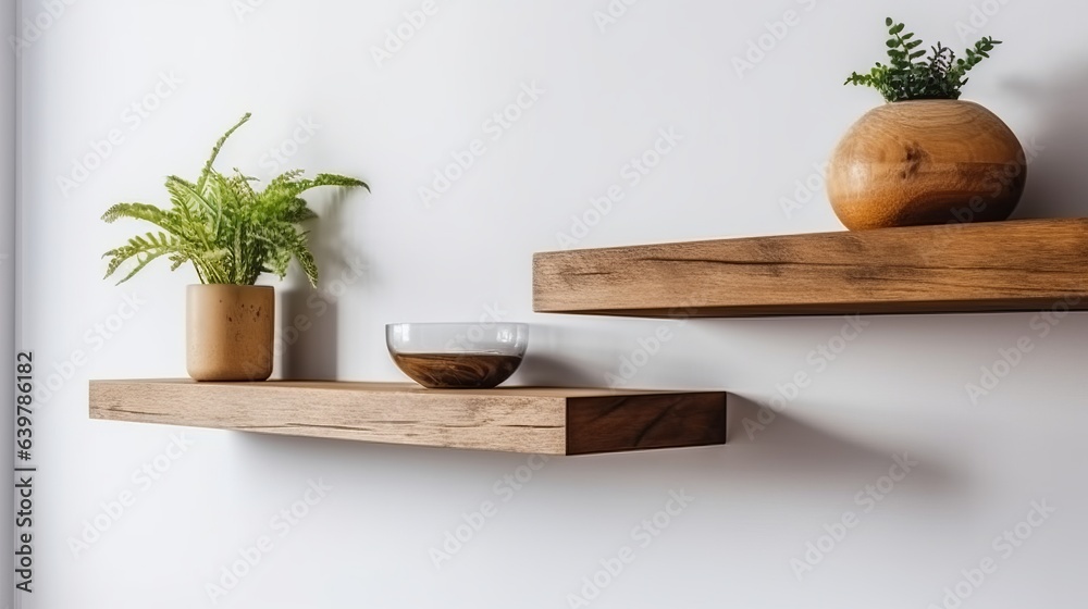 Wood floating shelf on white wall. Storage organisation for home. Interior design of modern living room. Created with Generative AI technology. - obrazy, fototapety, plakaty 
