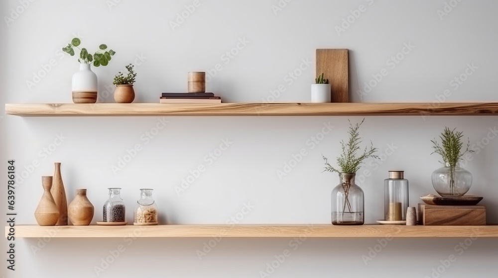 Wood floating shelf on white wall. Storage organisation for home. Interior design of modern living room. Created with Generative AI technology.