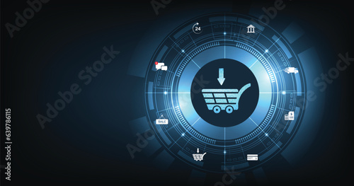 Online business and Internet trading concept. A virtual image cart on a dark blue background conveys purchasing products and services via the Internet.