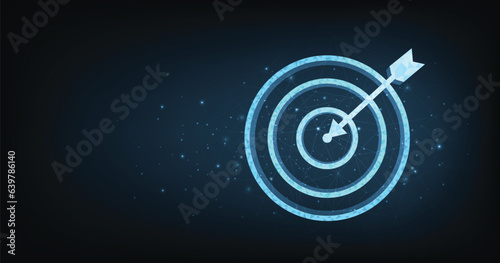 Set up objectives and targets for business investment concepts. The blue round-shaped target consisting of polygons with a thin arrow represents of setting goals correctly on a dark background.