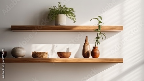 Wood floating shelf on white wall. Storage organisation for home. Interior design of modern living room. Created with Generative AI technology.