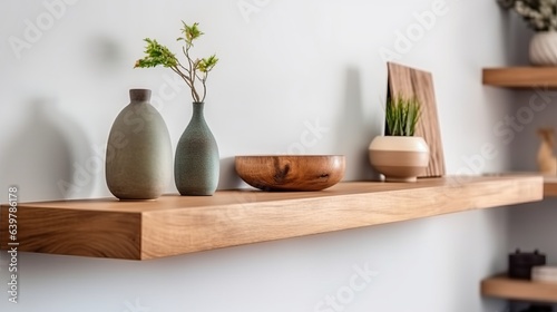 Wood floating shelf on white wall. Storage organisation for home. Interior design of modern living room. Created with Generative AI technology. © IC Production