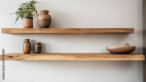 Wood floating shelf on white wall. Storage organisation for home. Interior design of modern living room. Created with Generative AI technology.