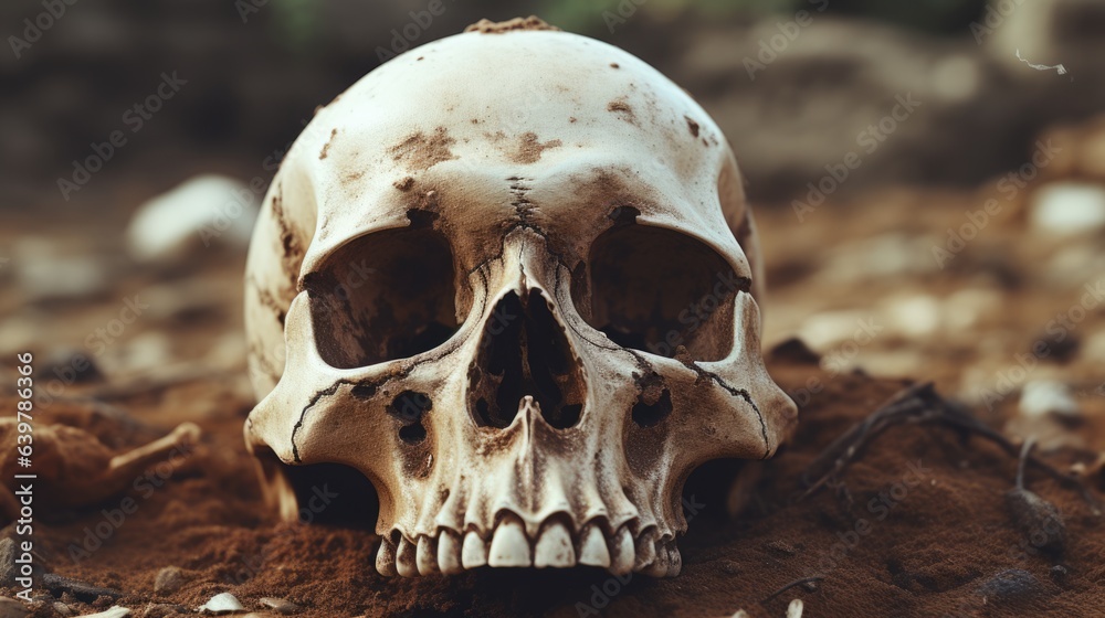 Skeleton remains buried in a rural farm field with unearthed human skull and bones covered in dirt, terrifying discovery, scary halloween horror - generative AI