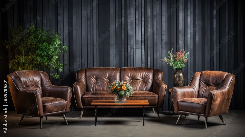 Shabby leather brown sofa and two retro chairs. Art deco style interior design of modern living room Shabby leather brown sofa and two retro chairs. Art deco style interior design of modern living room