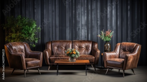  Shabby leather brown sofa and two retro chairs. Art deco style interior design of modern living room