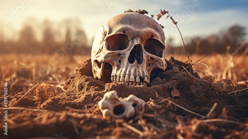 Skeleton remains buried in a rural farm field with unearthed human skull and bones covered in dirt, terrifying discovery, scary halloween horror - generative AI