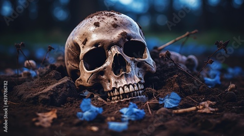 Skeleton remains in the woods with unearthed human skull and bones covered in dirt and leaves, darkness lit by moonlight, scary halloween night - generative AI