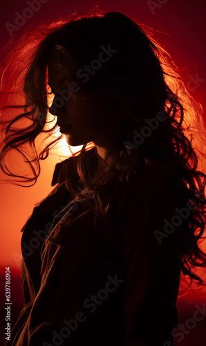Beautiful female silhouette against the backdrop of a bright sunset.