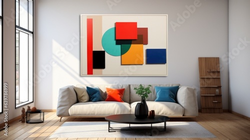 Suprematism style interior design of modern living room with abstract geometric colorful shapes photo