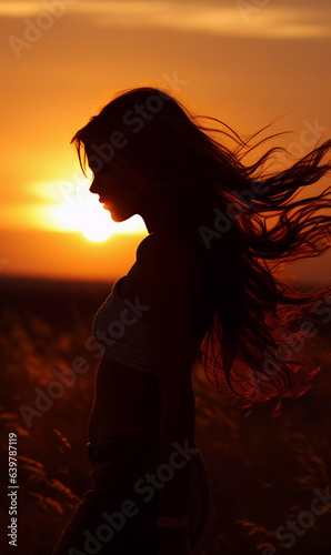 Beautiful female silhouette against the backdrop of a bright sunset.