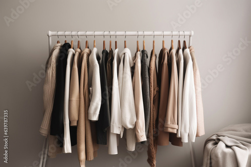 Modern women's neutral color autumn capsule wardrobe with different sweaters on light grey background. Building stylish wardrobe, Seasonal capsule easy dressing, order in things concept. Generative AI