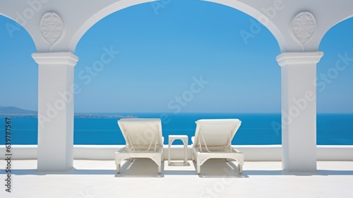 Two sunbeds on white terrace with arch. Traditional mediterranean architecture under blue clear sky. Summer vacation background © Interior Design