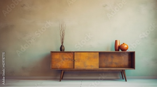 Vintage mid-century cabinet near beige grunge stucco wall. Interior design of living room © Interior Design