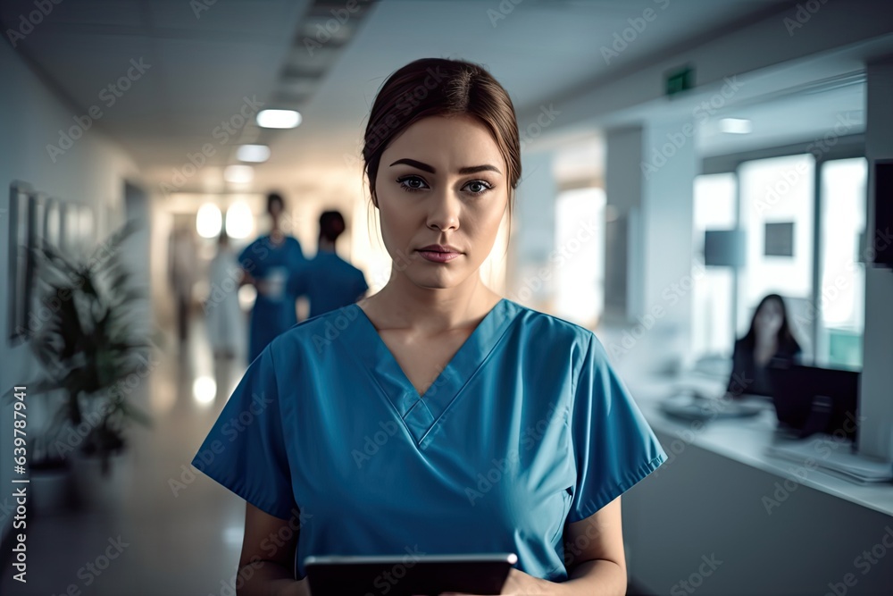 Female nurse using tablet in hospital. Photo generative AI Female nurse using tablet in hospital. Photo generative AI