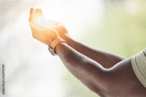 Photography Prayer, light or hands of man for worship, faith and belief for support, help and hope in Christian religion