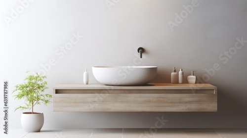  Wall-mounted vanity with white ceramic vessel sink. Interior design of modern scandinavian bathroom © Interior Design
