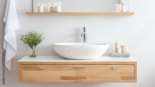 Wall-mounted vanity with white ceramic vessel sink. Interior design of modern scandinavian bathroom © Interior Design