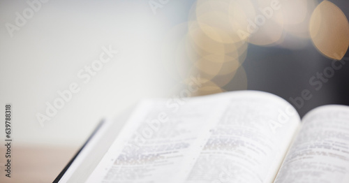 Foto Closeup, bible or book for faith, studying religion and mindfulness with holy spiritual scripture