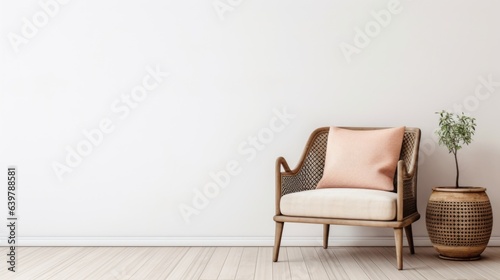 Wicker armchair on hardwood floor against of white wall with copy space. Rustic interior design of modern living room in country house