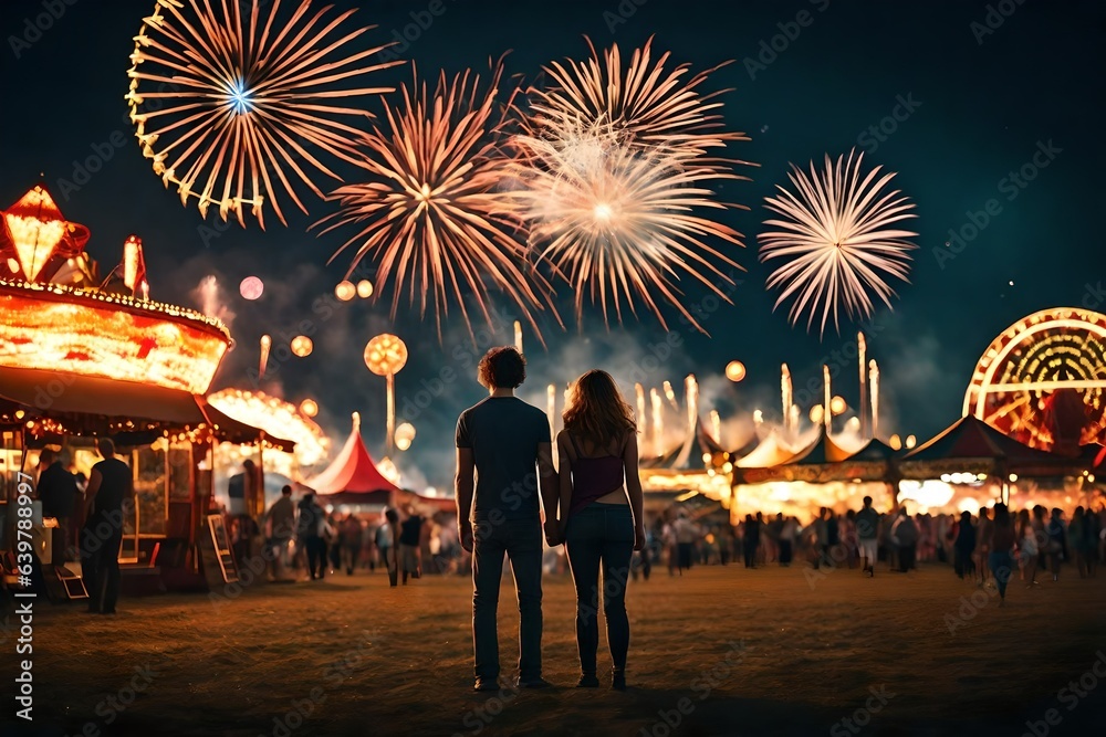 silhouette of a couple at a county fair at night watching fireworks