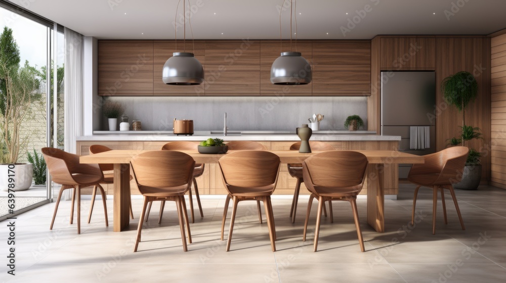 Wooden chairs near kitchen island. Interior design of modern dining room