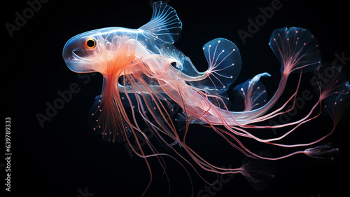 animal deep-sea luminous transparent creature fictional jellyfish, light ocean depth, layer for overlay isolated on black background © kichigin19