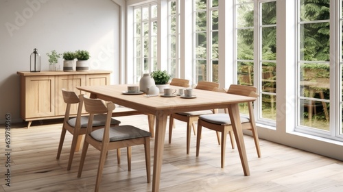 Wooden setted dining table and chairs in scandinavian interior design of modern dining room with window