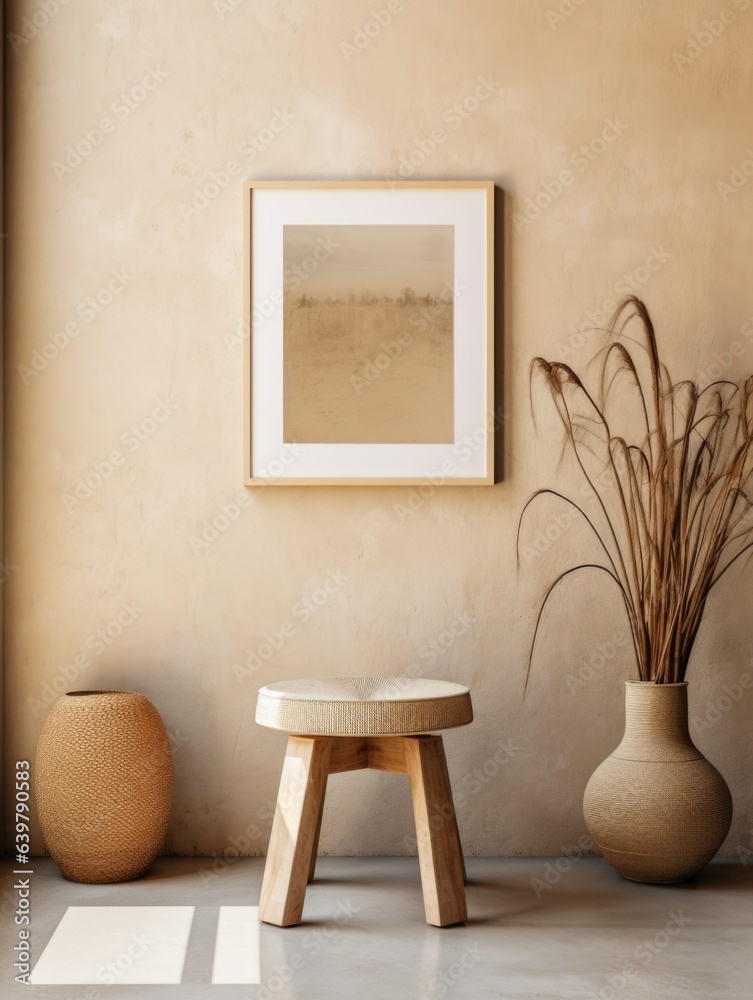 Blank poster near beige stucco wall in farmhouse room. Boho interior design with wooden stool Blank poster near beige stucco wall in farmhouse room. Boho interior design with wooden stool