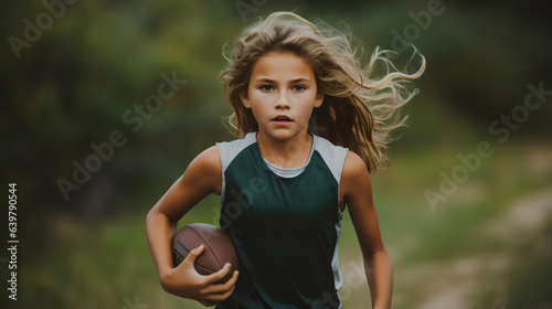 young girl with blonde hair playing football 