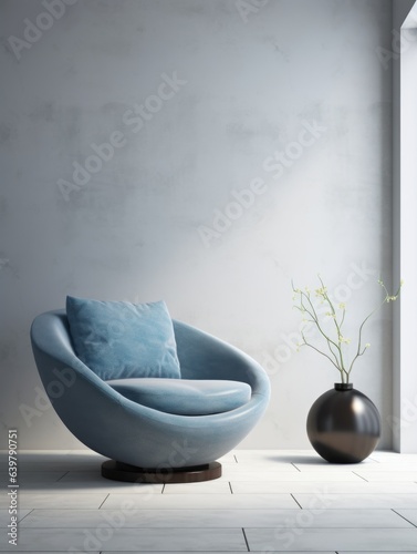 Blue snuggle chair and stone end table in empty room. Minimalist interior design of modern living room