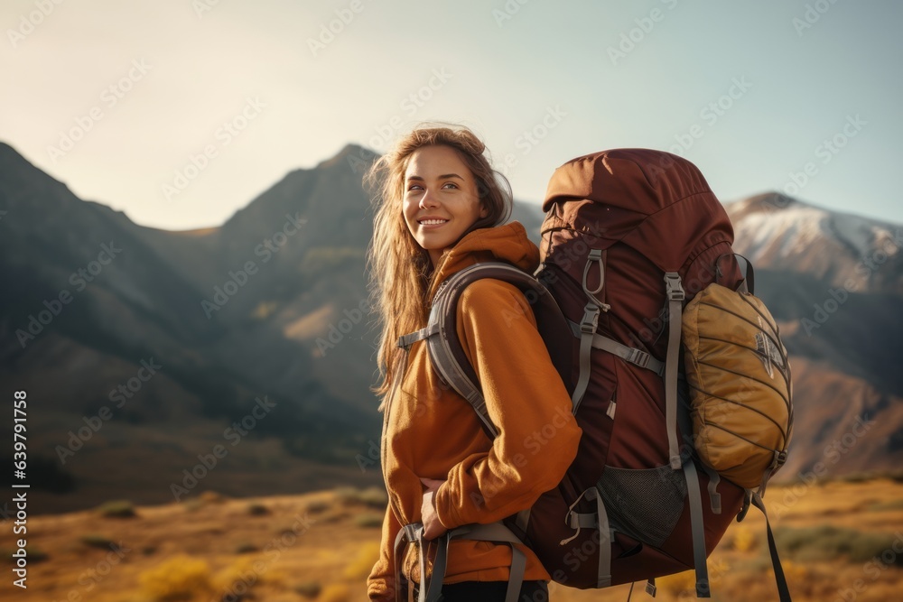 Side view happy young traveler woman carrying backpack. Mountains background