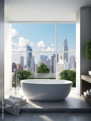 City view behind panoramic window and white bath tub against it.Interior design of modern bathroom