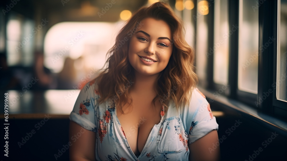 Portrait of a beautiful chubby young woman drinking a cup of coffee in a cafe or canteen. A plus-size young plump lady with an curly hairstyle is stylishly dressed sitting in a cafe. Generative ai - obrazy, fototapety, plakaty 